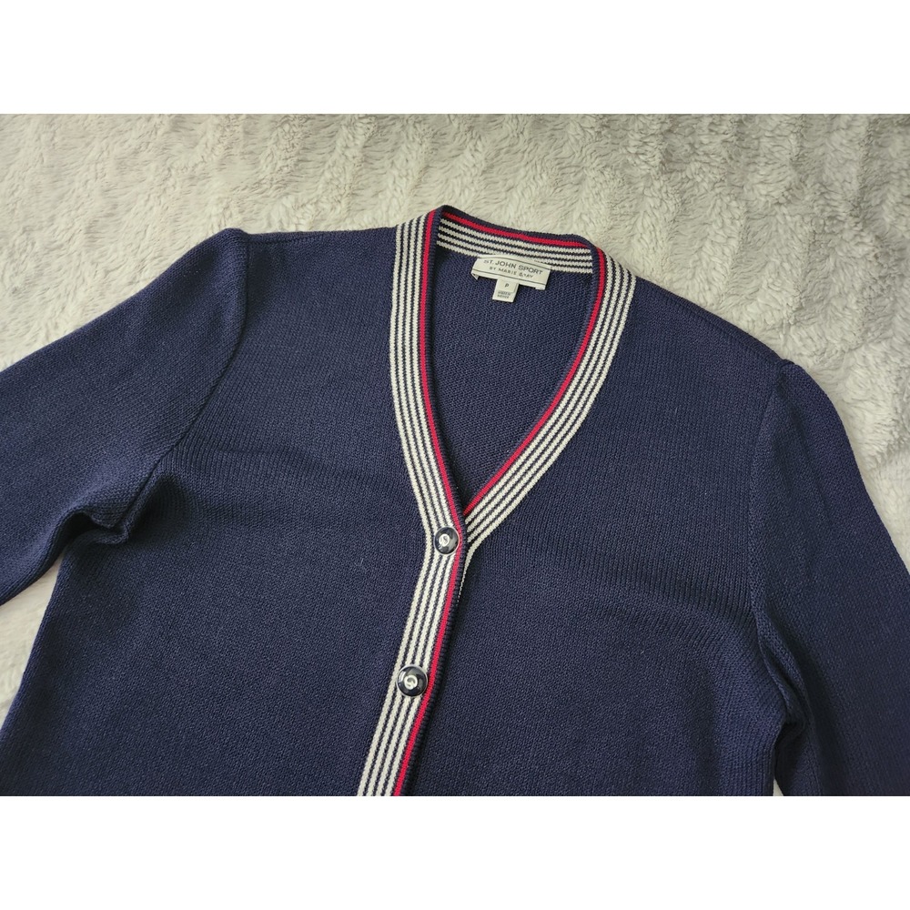 St. John Sport by Marie Gray Navy Cardigan Petite Wool Blend Red White...